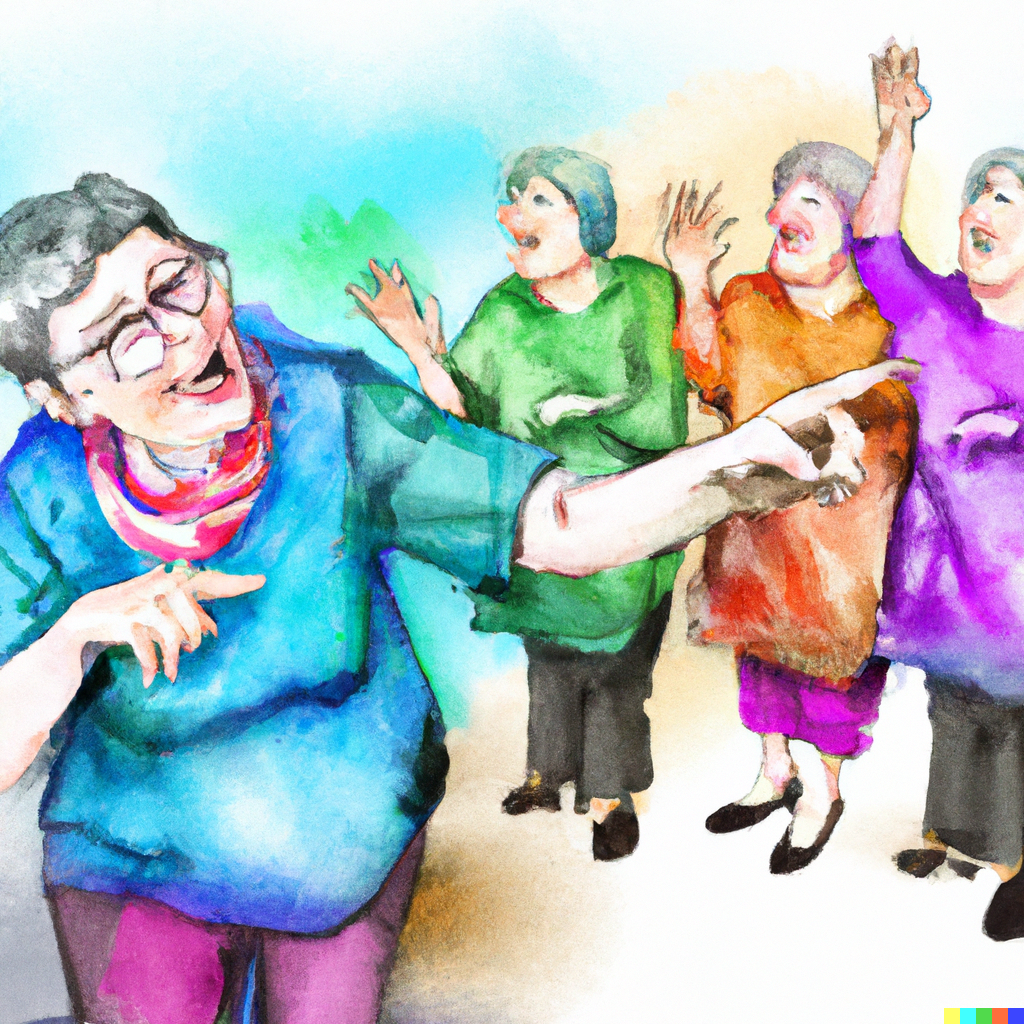 DALLE 2023-01-05 214559 - old women gesturing and nodding in a group and one points bright colors water color