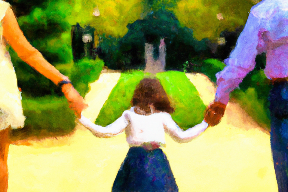 a girl holds her parents hands in a park in Paris, created with dall-e-2, take this French listening practice to improve your listening comprehension, one word at a time from any level!