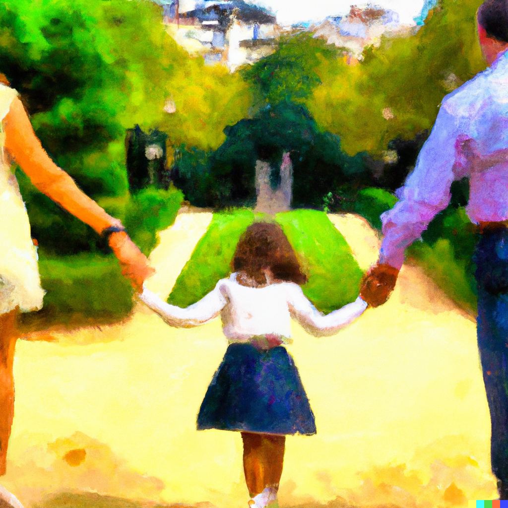 a girl holds her parents hands in a park in Paris, created with dall-e-2, take this French listening practice to improve your listening comprehension, one word at a time from any level!